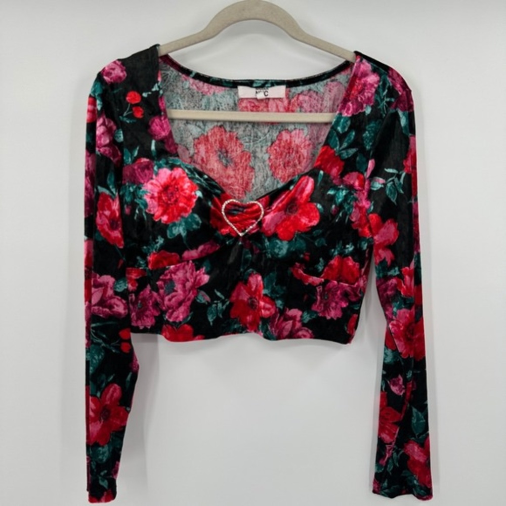 Velvet Floral Long-Sleeve Heart-Accent Crop Top - Black with Red & Pink